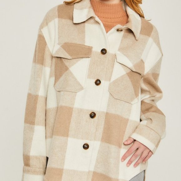 Light Beige Buffalo Plaid Brushed Shacket - Picture 3 of 7